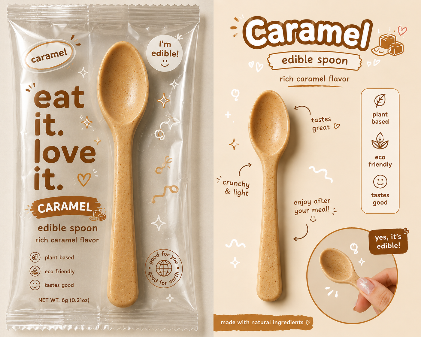 Polynex Caramel edible spoon in its wrapper